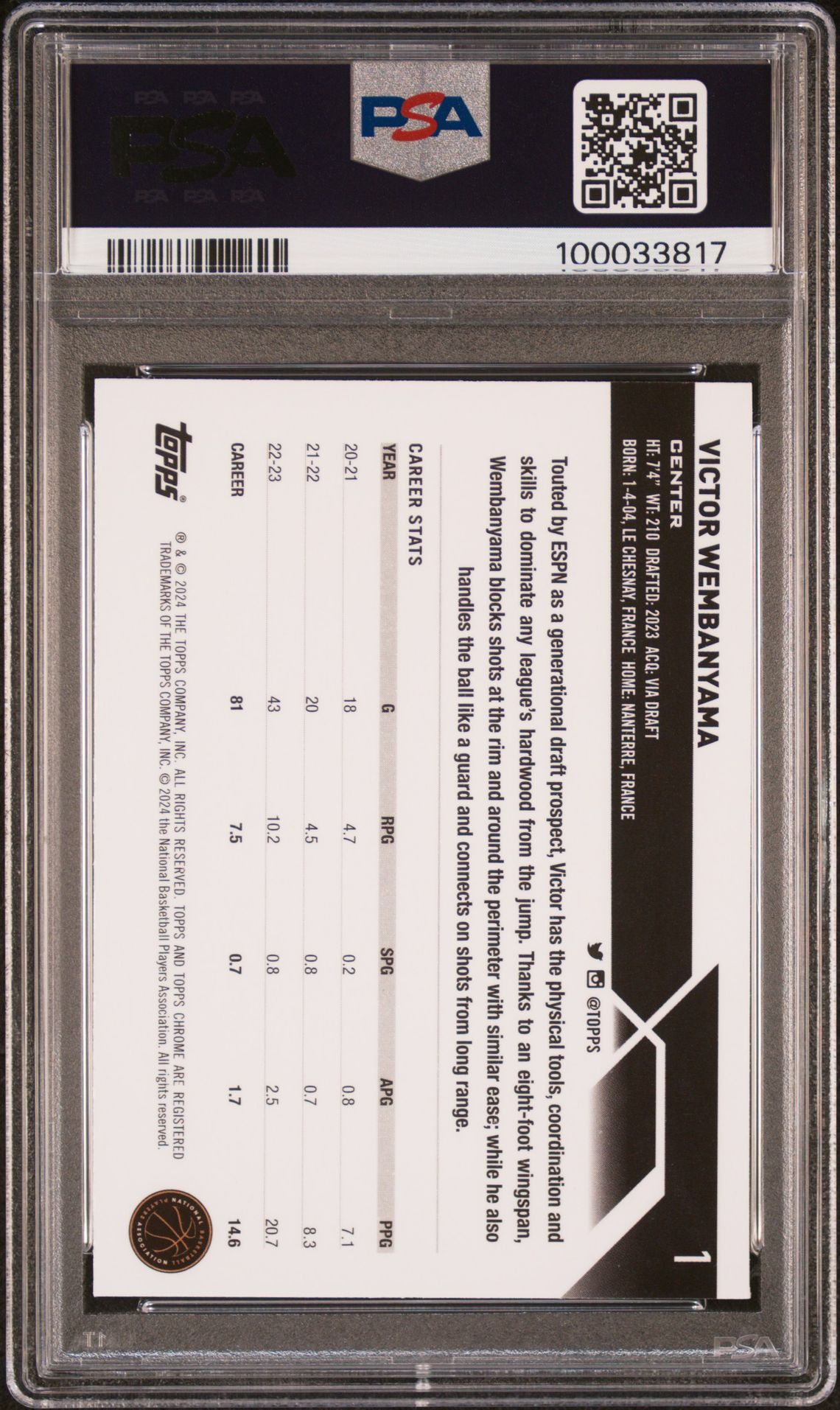 2023 Topps Chrome Victor Wembanyama #1 (Purple Refractor) Mint 9 back