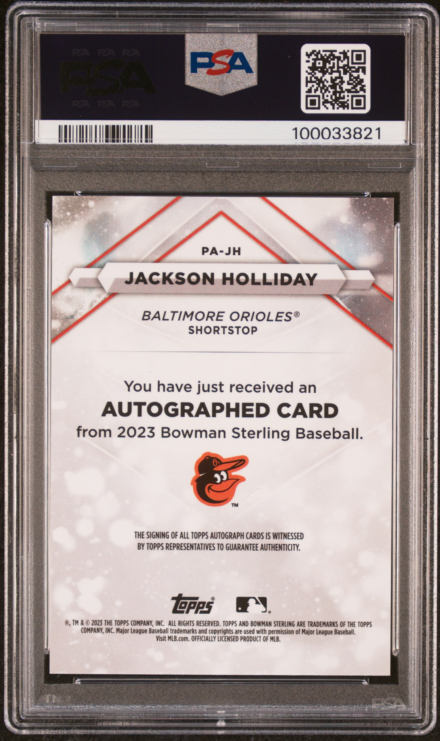 2023 Bowman Sterling Prospect Autographs Jackson Holliday #Pajh Gem Mt 10 back