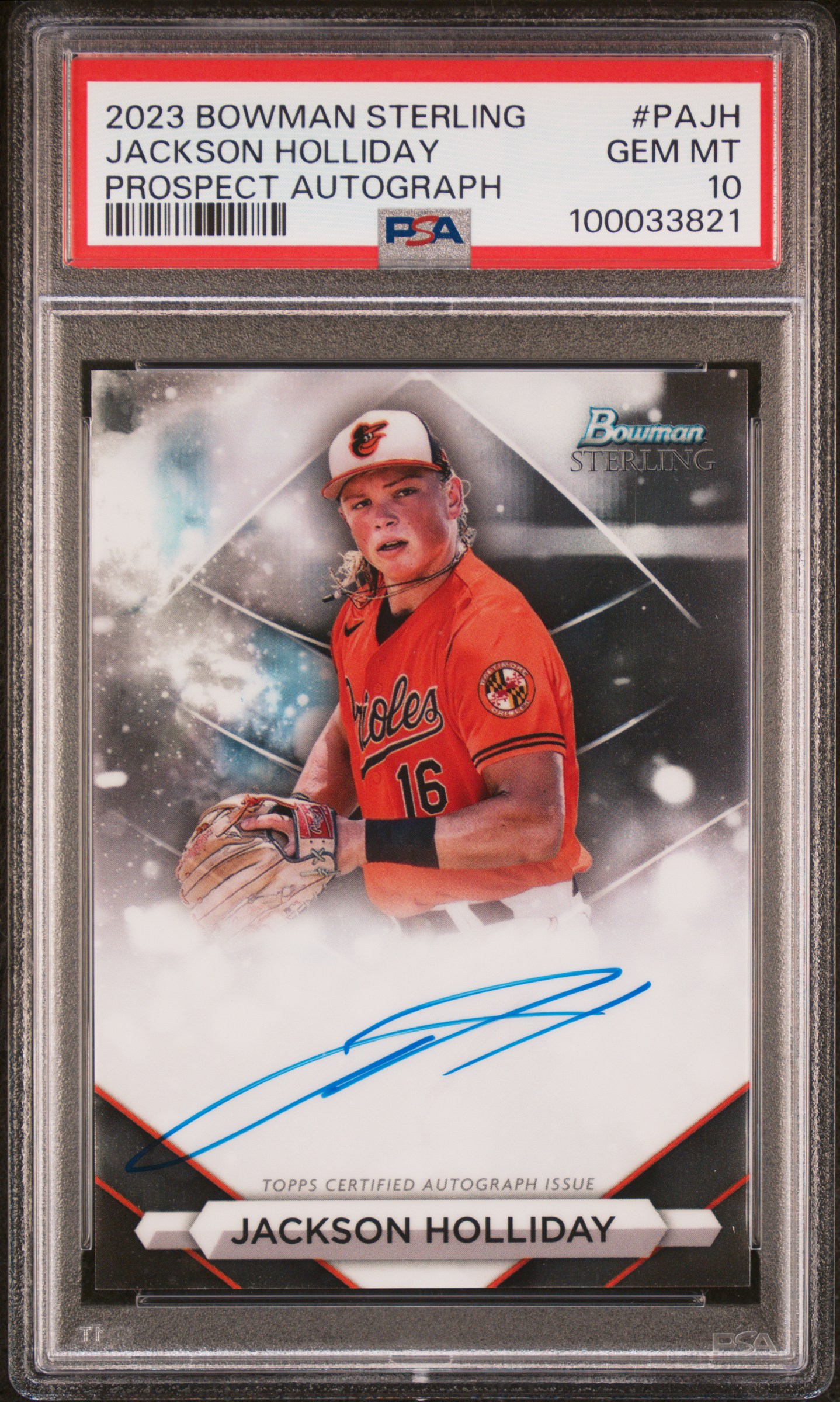 2023 Bowman Sterling Prospect Autographs Jackson Holliday #Pajh Gem Mt 10 front