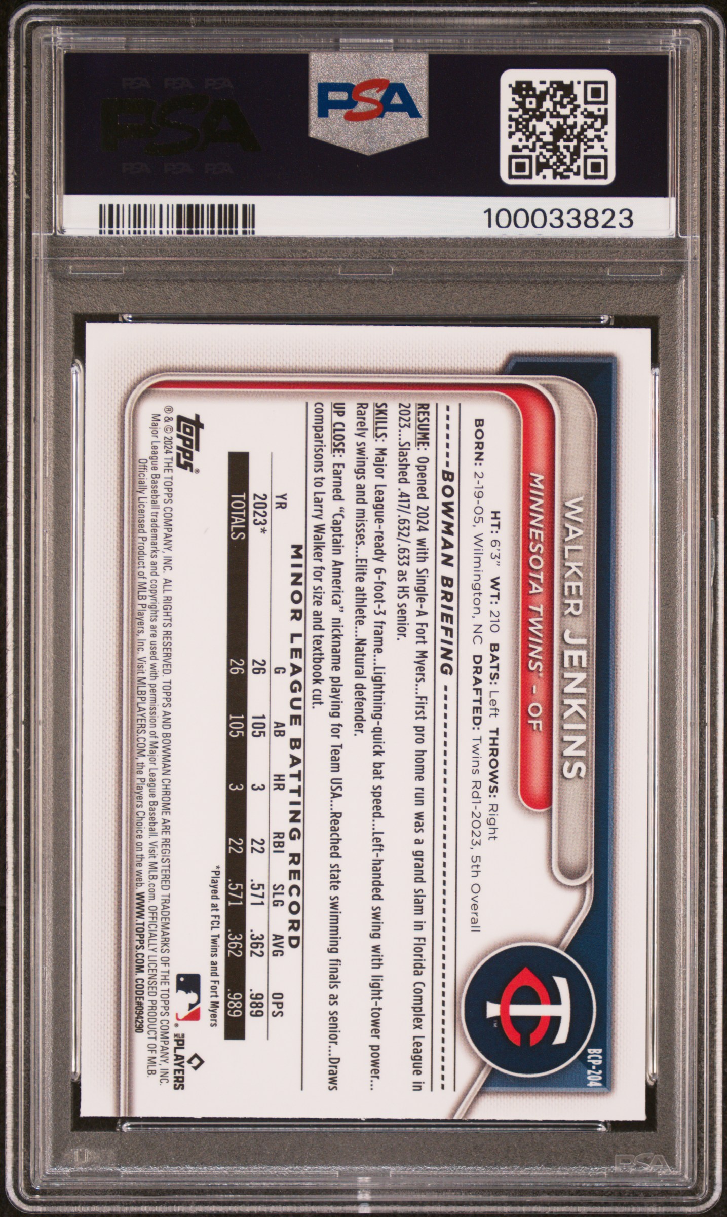 2024 Bowman Mega Box Chrome Prospects Walker Jenkins #204 (Prospects) Mint 9 back