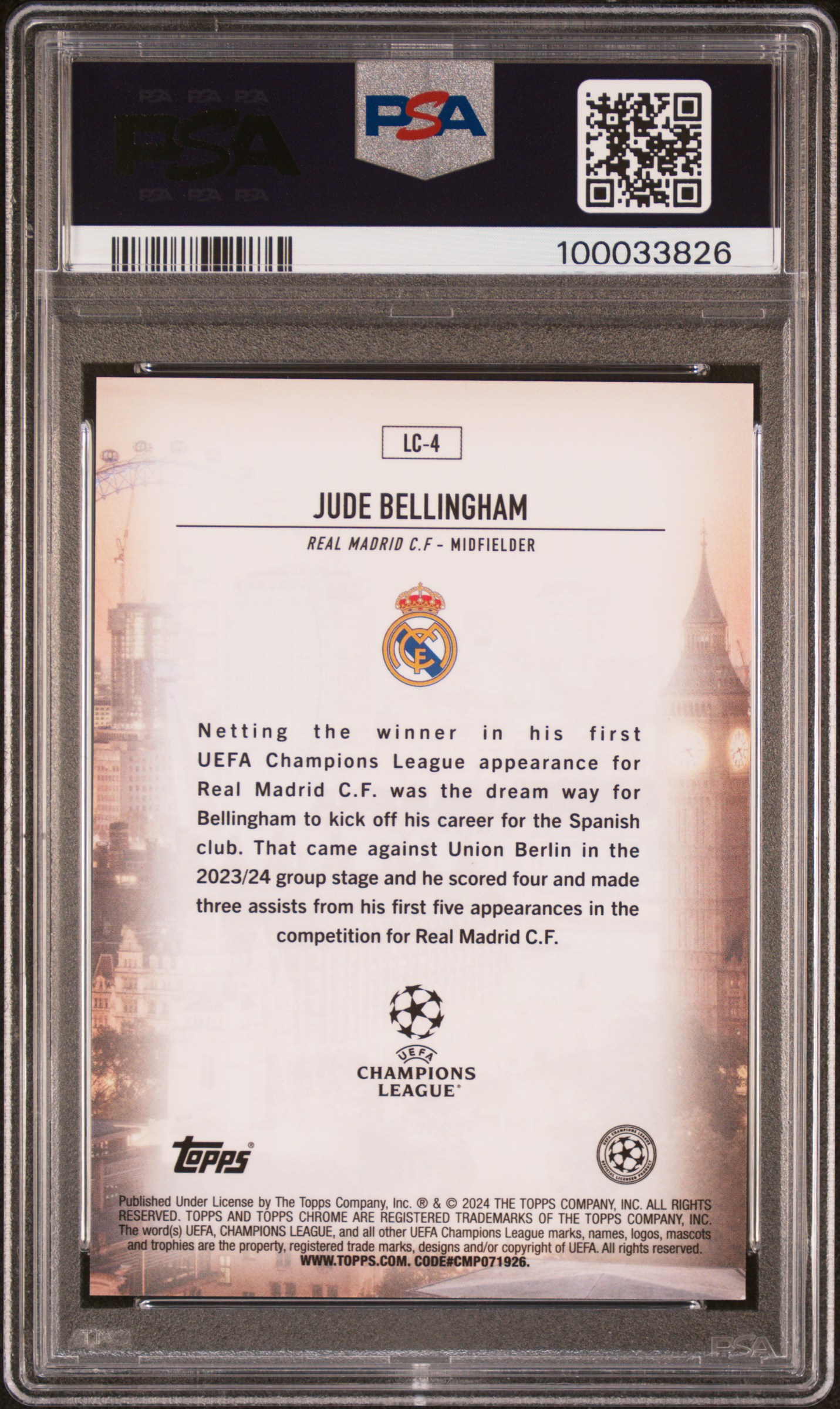 2023-24 Topps Chrome Uefa Club Competitions London Calling Jude Bellingham #Lc4 (London Calling-Blue Ref) Gem Mt 10 back