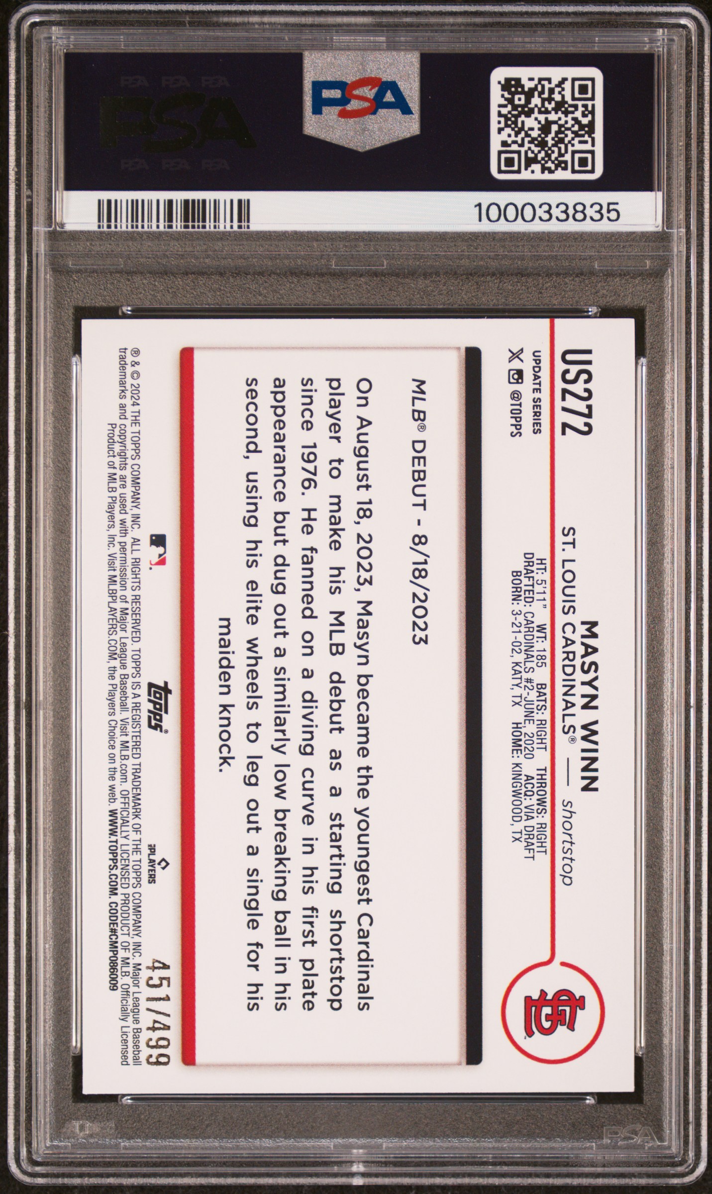 2024 Topps Update Masyn Winn #Us272 (Green Crackle Foil Board) Mint 9 back