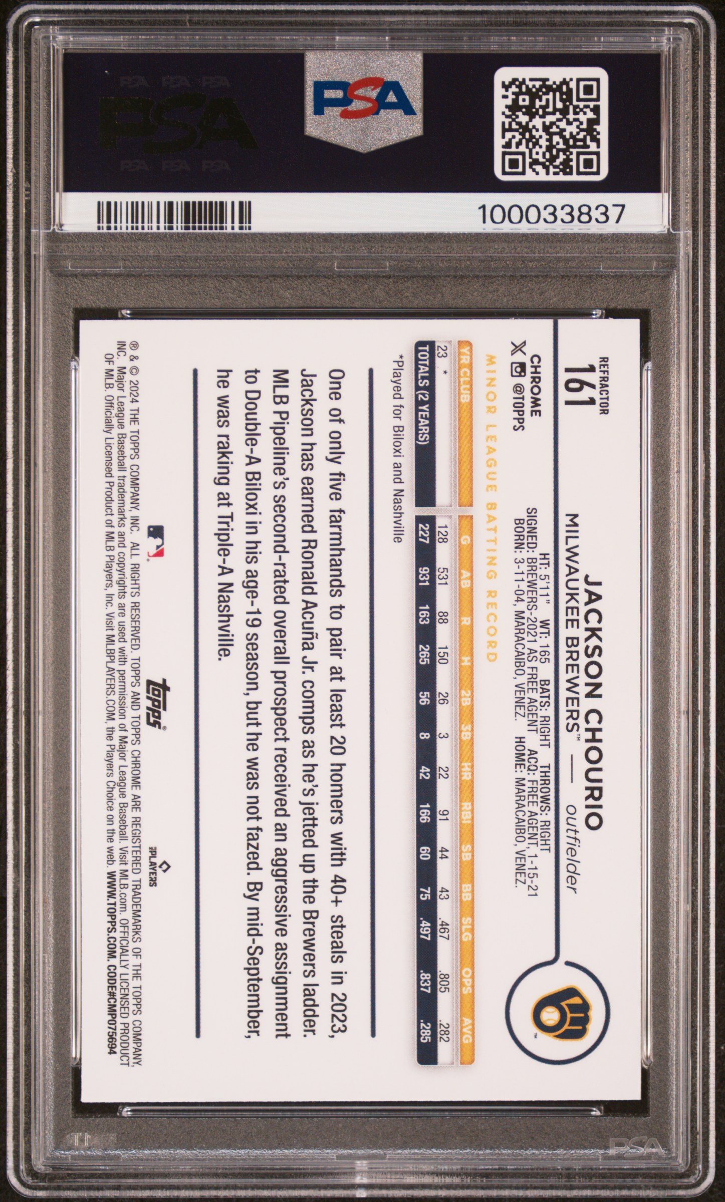 2024 Topps Chrome Jackson Chourio #161 (Refractor) Mint 9 back