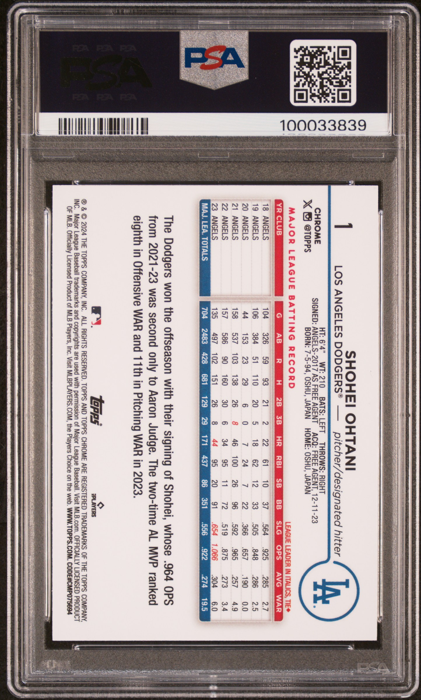 2024 Topps Chrome Shohei Ohtani #1 (Raywave) Gem Mt 10 back