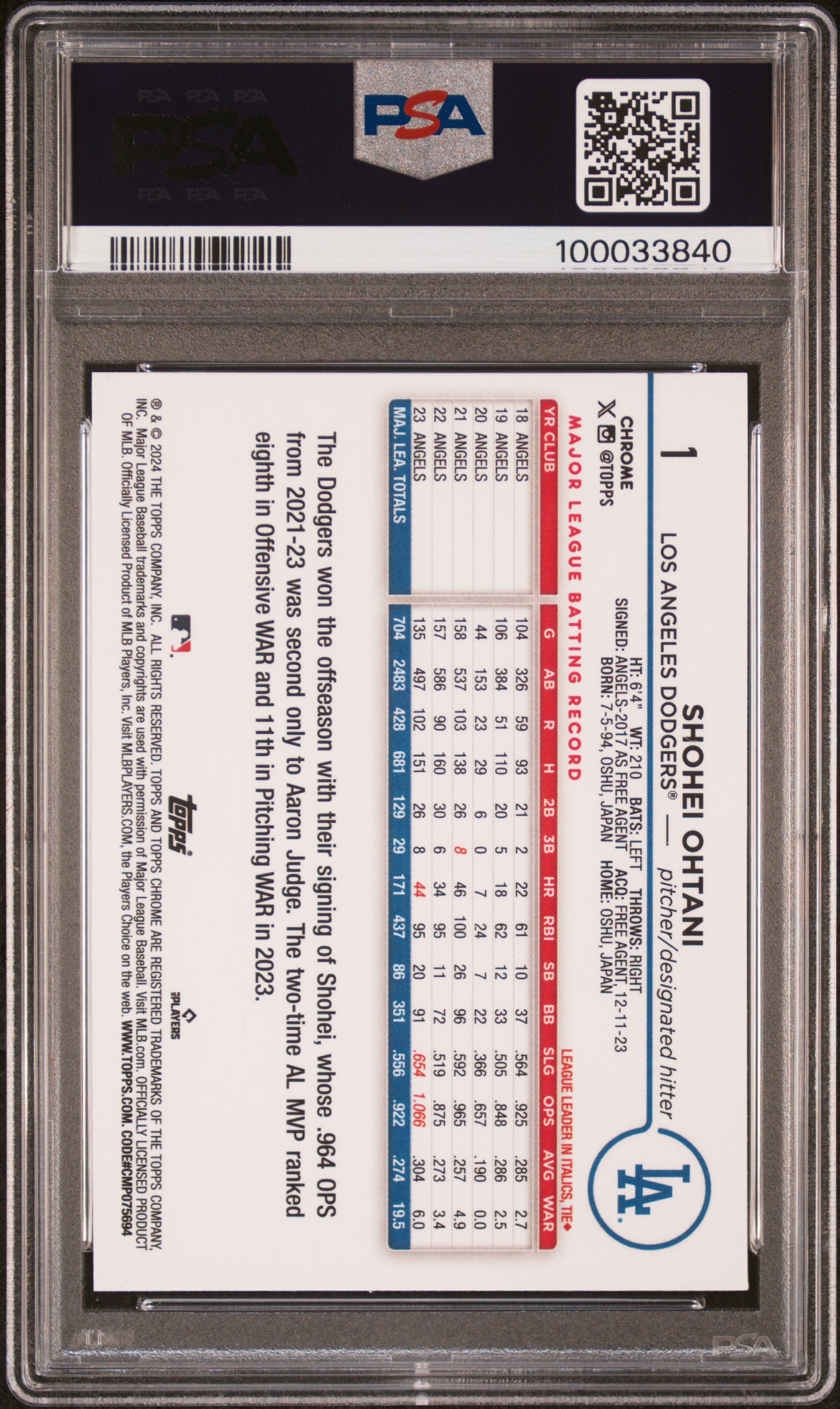 2024 Topps Chrome Shohei Ohtani #1 (X-Fractor) Mint 9 back