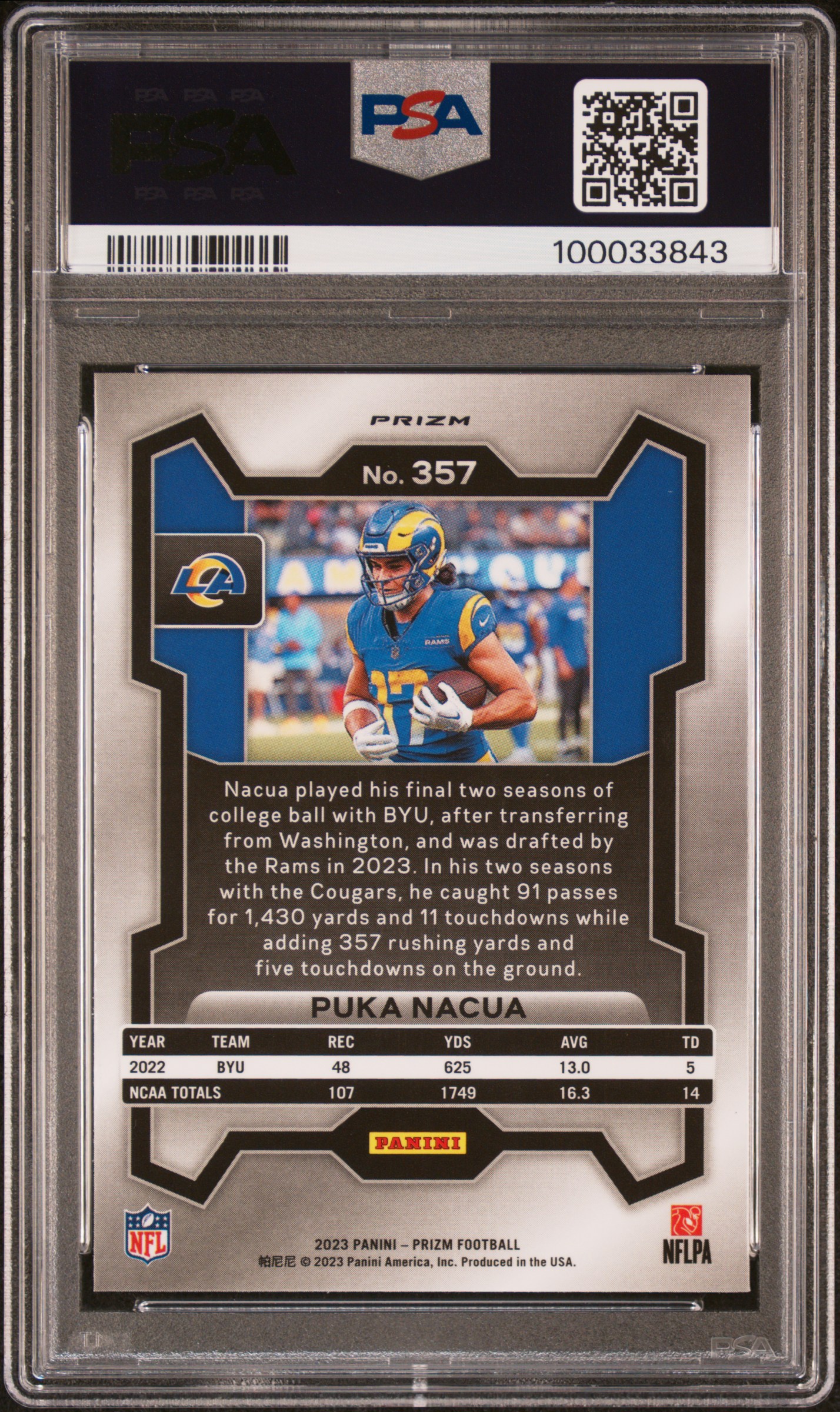 2023 Panini Prizm Puka Nacua #357 (Red Sparkle) Mint 9 back