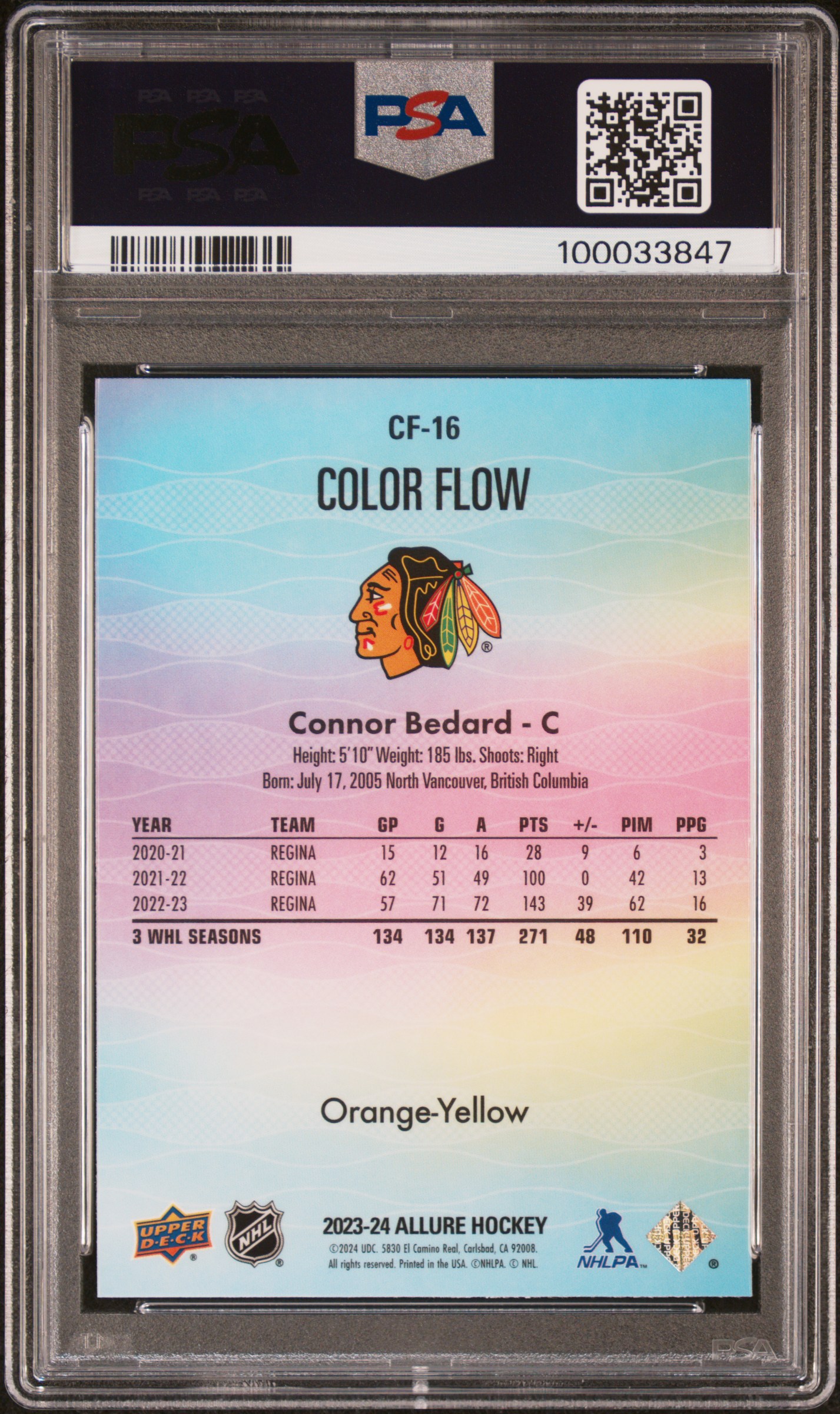 2023 Upper Deck Allure Color Flow Connor Bedard #Cf16 (Color Flow-Orange-Yellow) Gem Mt 10 back