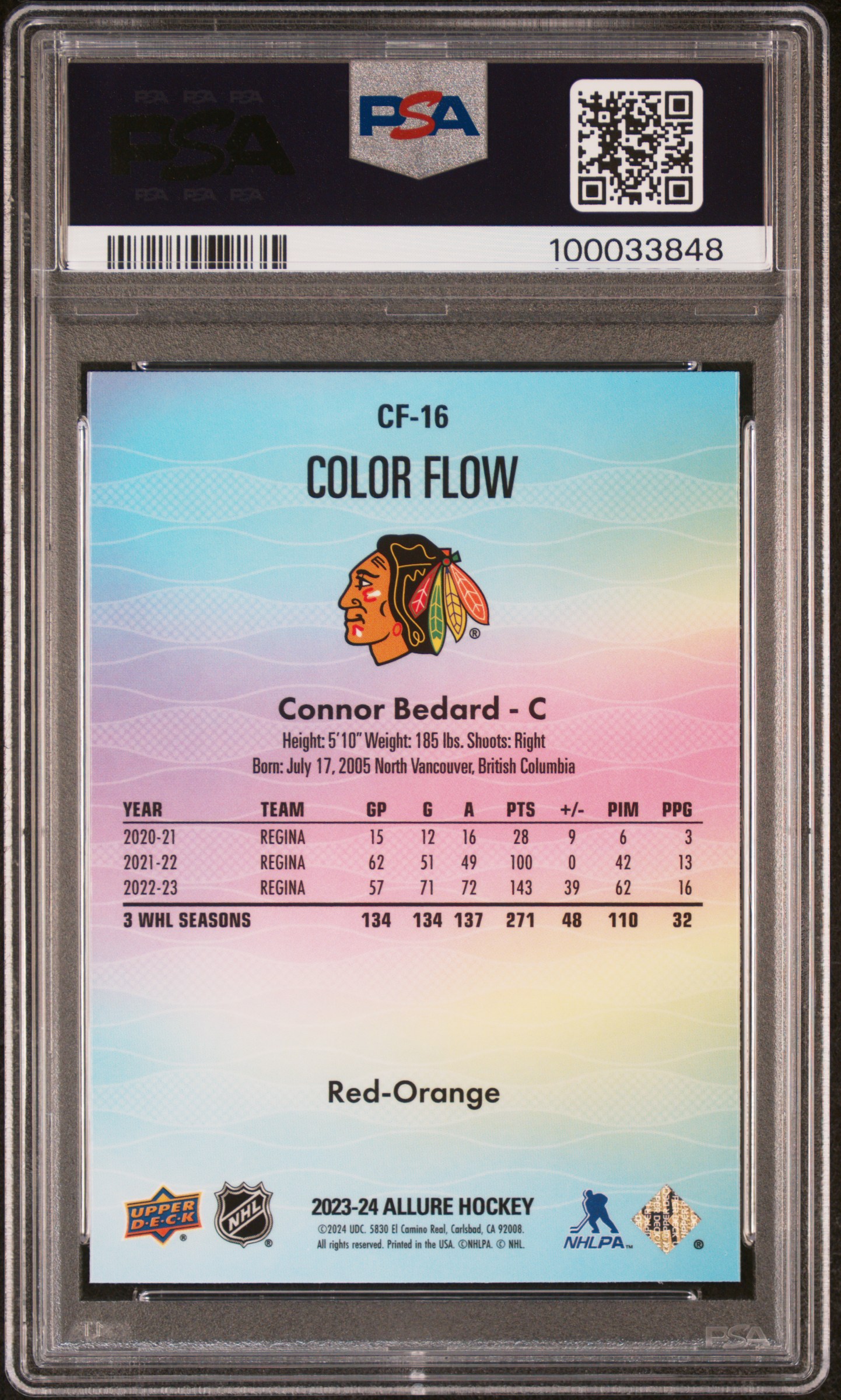 2023 Upper Deck Allure Color Flow Connor Bedard #Cf16 (Color Flow-Red-Orange) Gem Mt 10 back