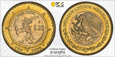 2000-Mo 20 Peso Xiuhtecuhtli MS65