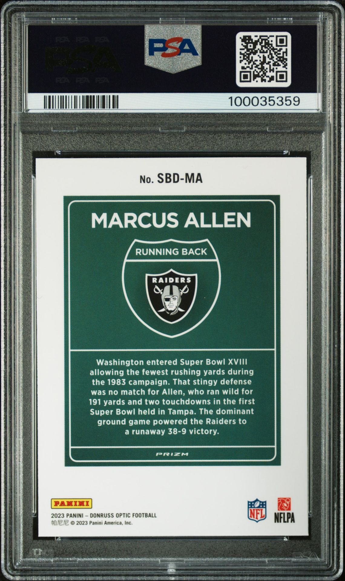 2023 Panini Donruss Optic Super Bowl Downtown Marcus Allen #Sbdma Gem Mt 10 back