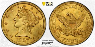 1857 $5 MS63