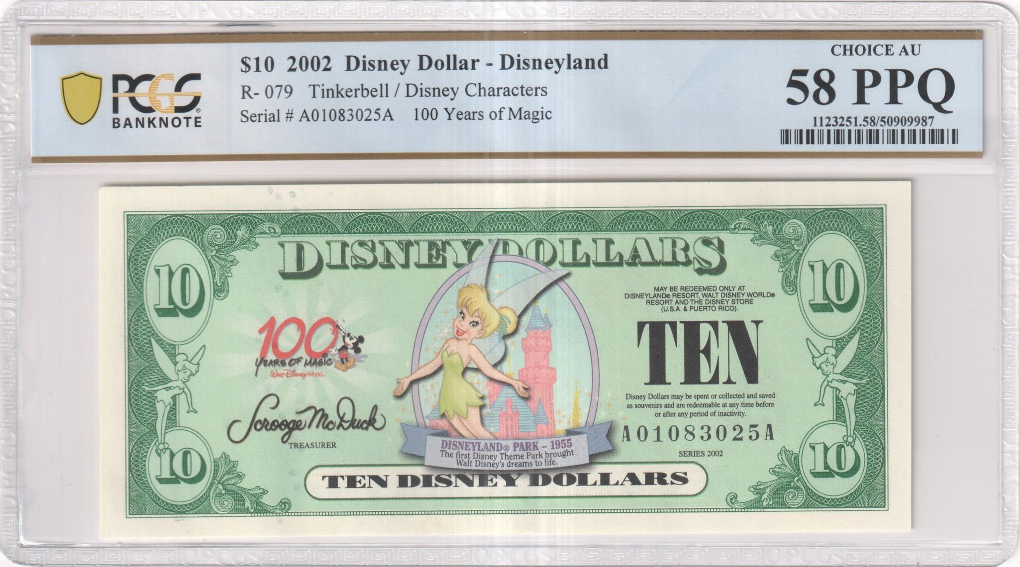 2002 R-079 $10 Disney Dollar Tinkerbell/Disney Characters PCGS Graded 58 PPQ