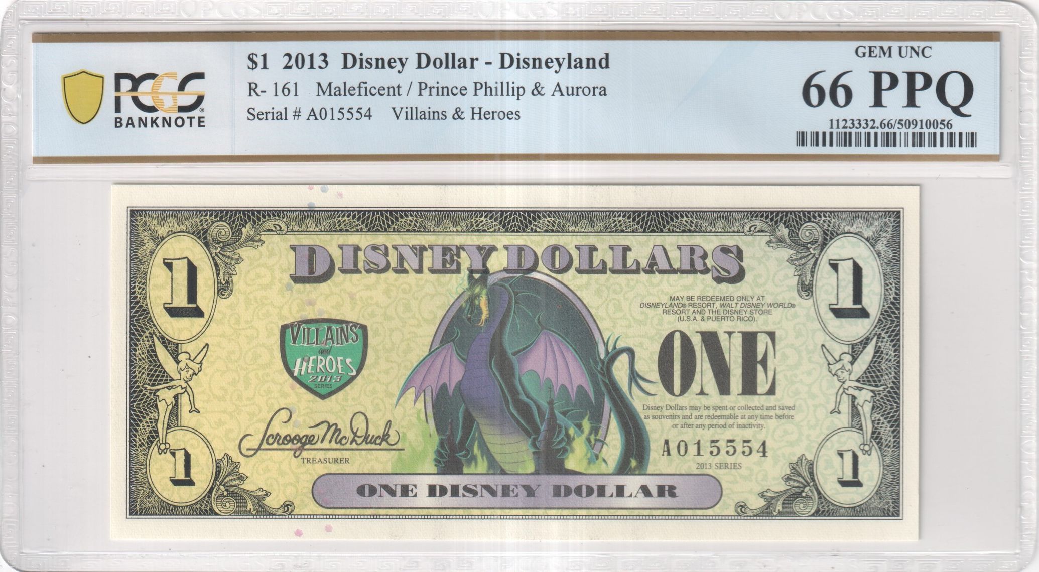 2013 R-161 $1 Disney Dollar Maleficent / Prince Philip & Aurora PCGS Graded 66 P