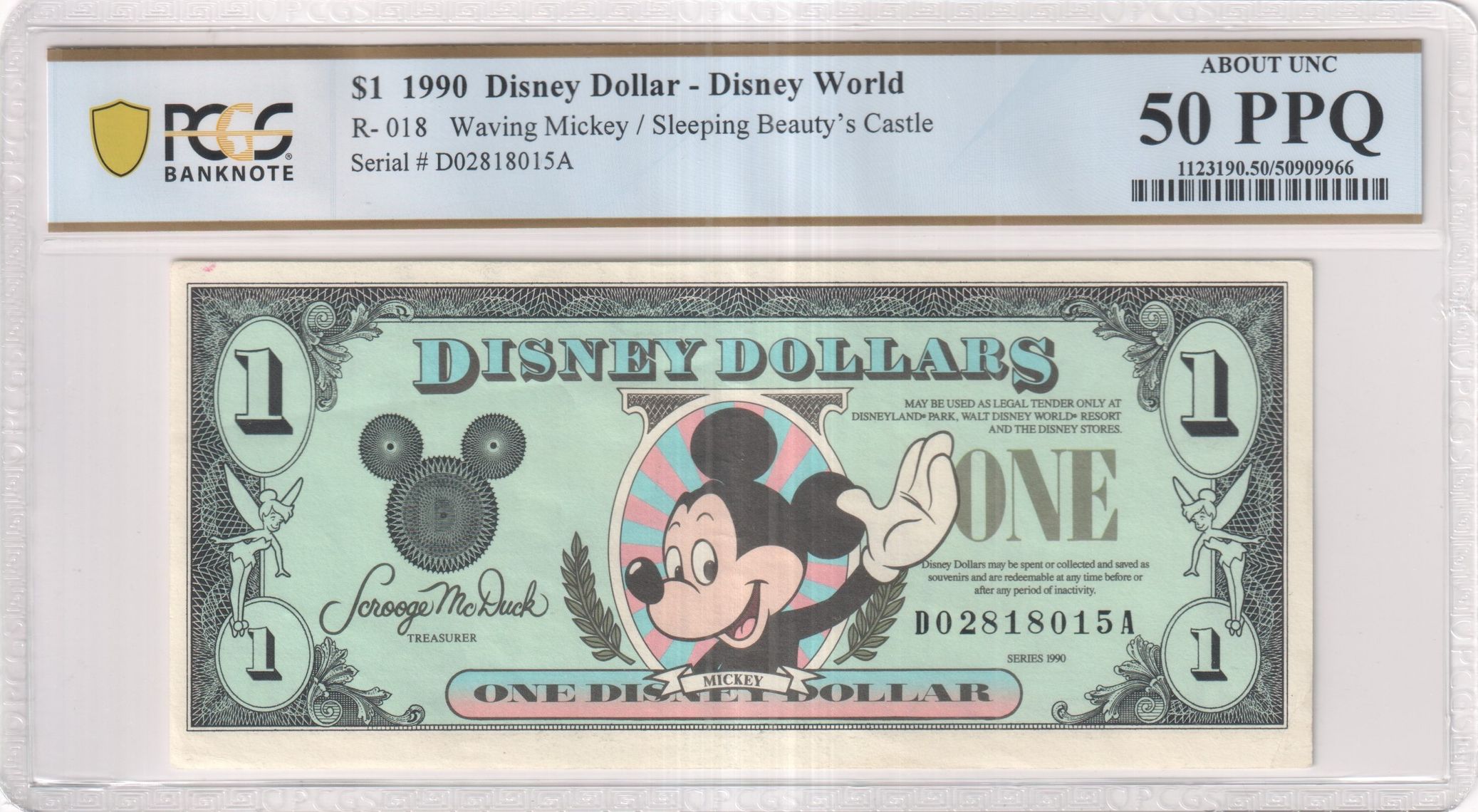 1990 R-018 $1 Disney Dollar Waving Mickey/Sleeping Beauty's Castle PCGS Graded 5