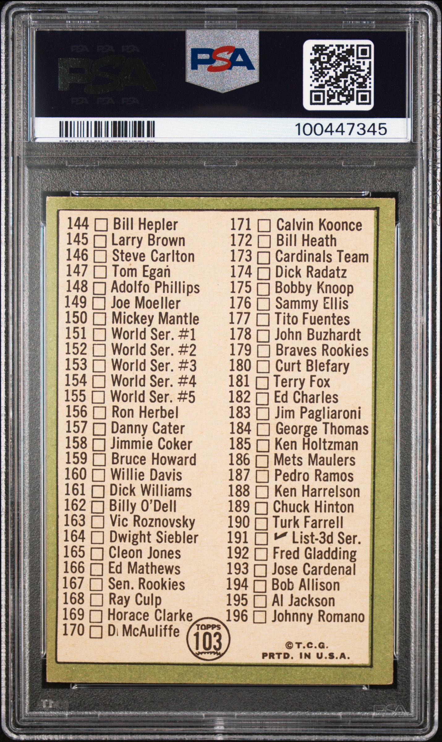 1967 Topps Checklist 110-196 #103 (170 Is D. Mcauliffe) Ex-Mt 6 back
