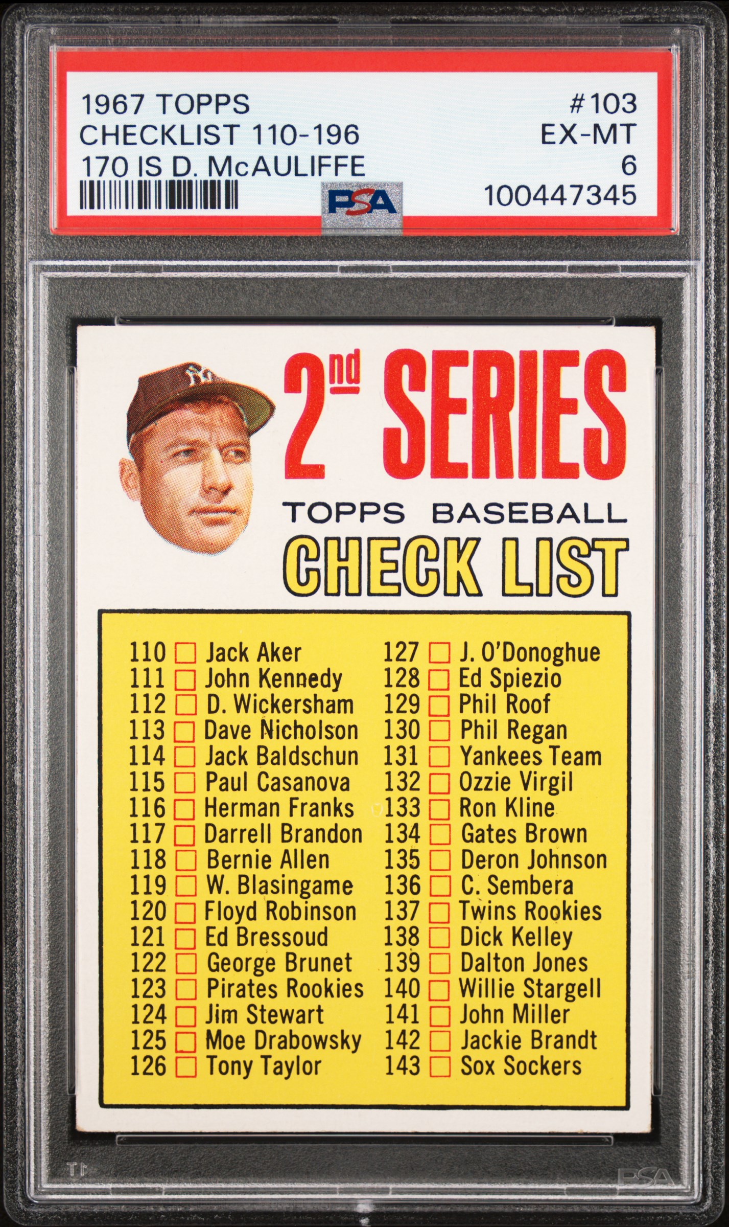 1967 Topps Checklist 110-196 #103 (170 Is D. Mcauliffe) Ex-Mt 6 front