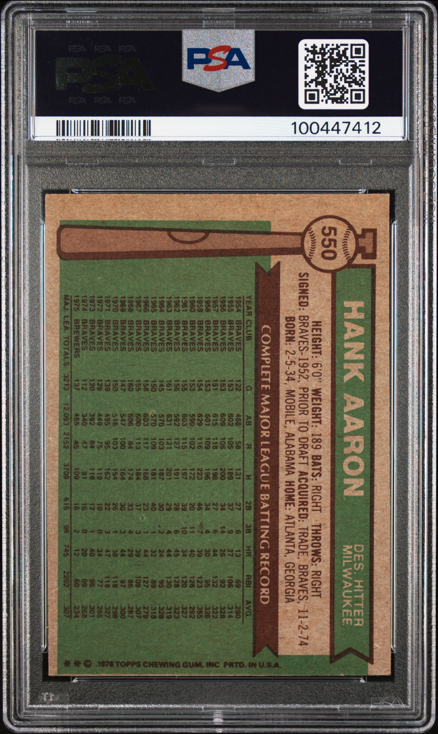 1976 Topps Hank Aaron #550 Ex 5 back