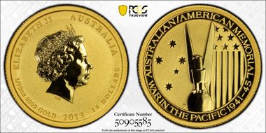 2013-P $15 War in the Pacific 1/10oz Au MS70