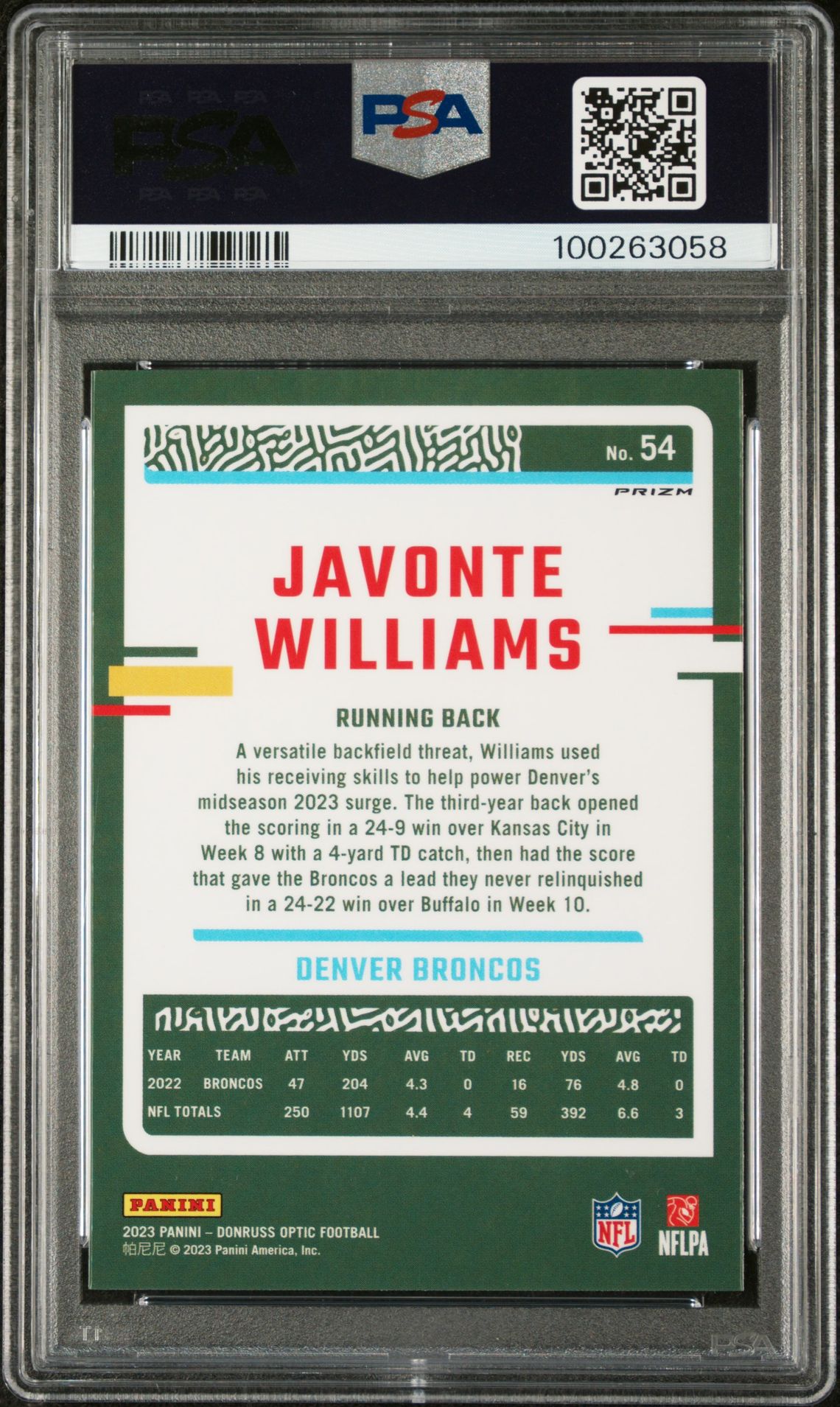 2023 Panini Donruss Optic Javonte Williams #54 (Stars) Gem Mt 10 back