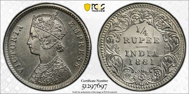 1881(B) 1/4 Rup B/I; Dot MS62