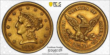 1859 $2.50 Old Reverse AU58