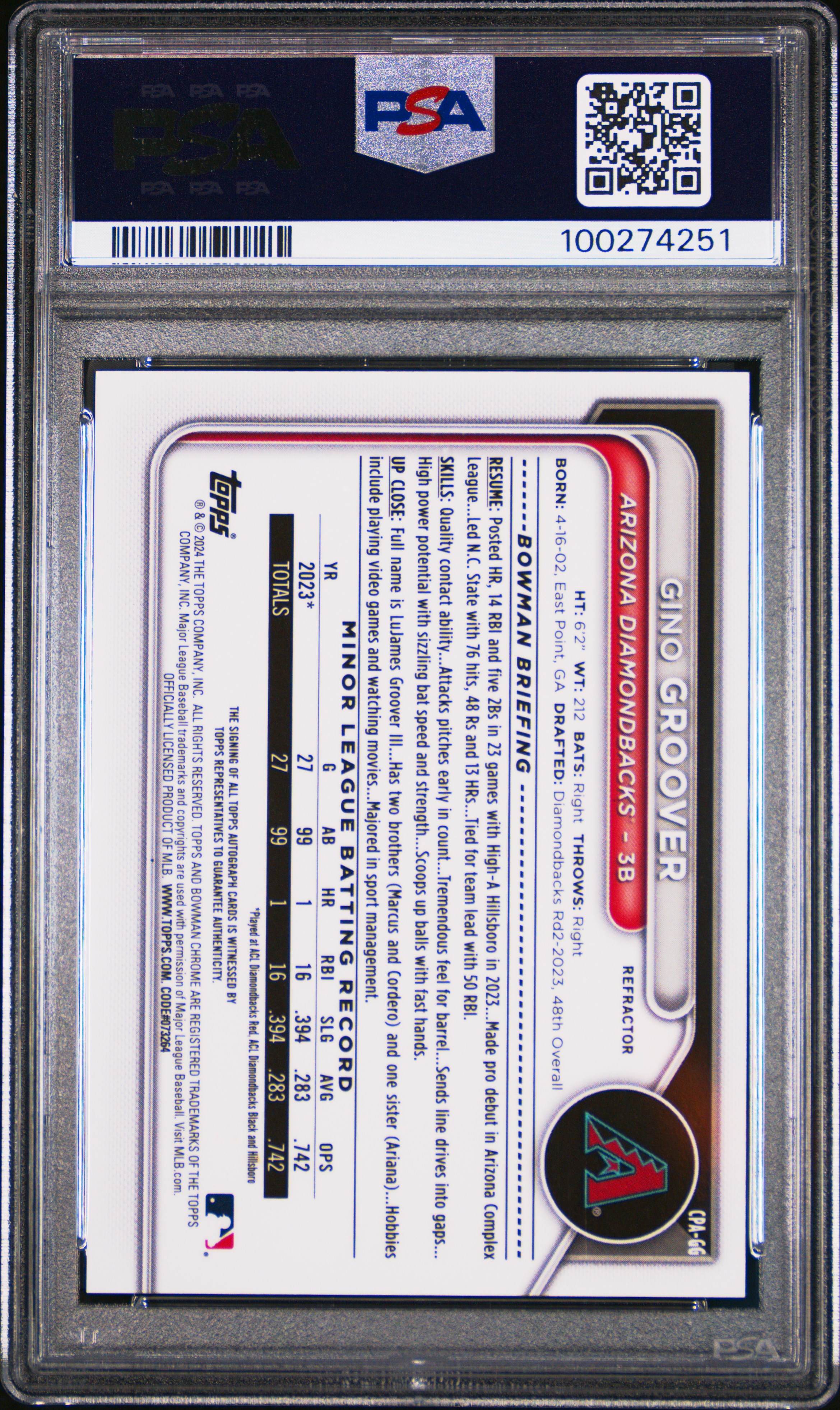 2024 Bowman Chrome Prospect Autographs Gino Groover #Cpagg (Chrome Prspct Au-Refractor) Gem Mt 10 back