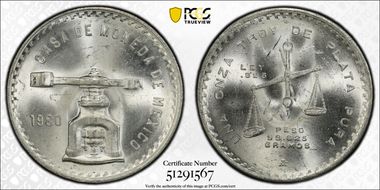 1980/9-Mo Onza KM-M49b.5  Ag MS64