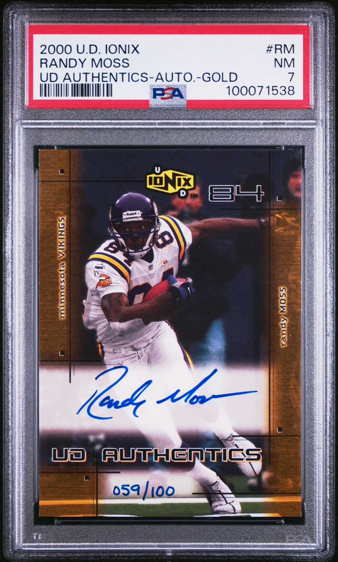 2000 U.D. IONIX UD AUTHENTICS AUTO.-GOLD #RM Randy Moss front