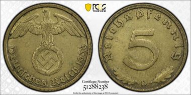 1936-D 5 Pfg J-363 AU55