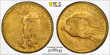 1908 $20 No Motto MS64