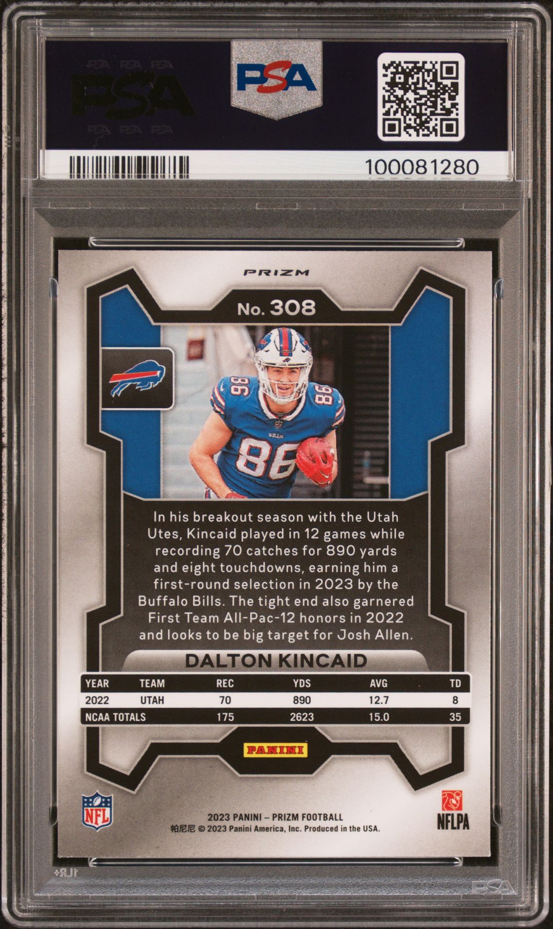 2023 Panini Prizm Dalton Kincaid #308 (Silver Prizm) Mint 9 back