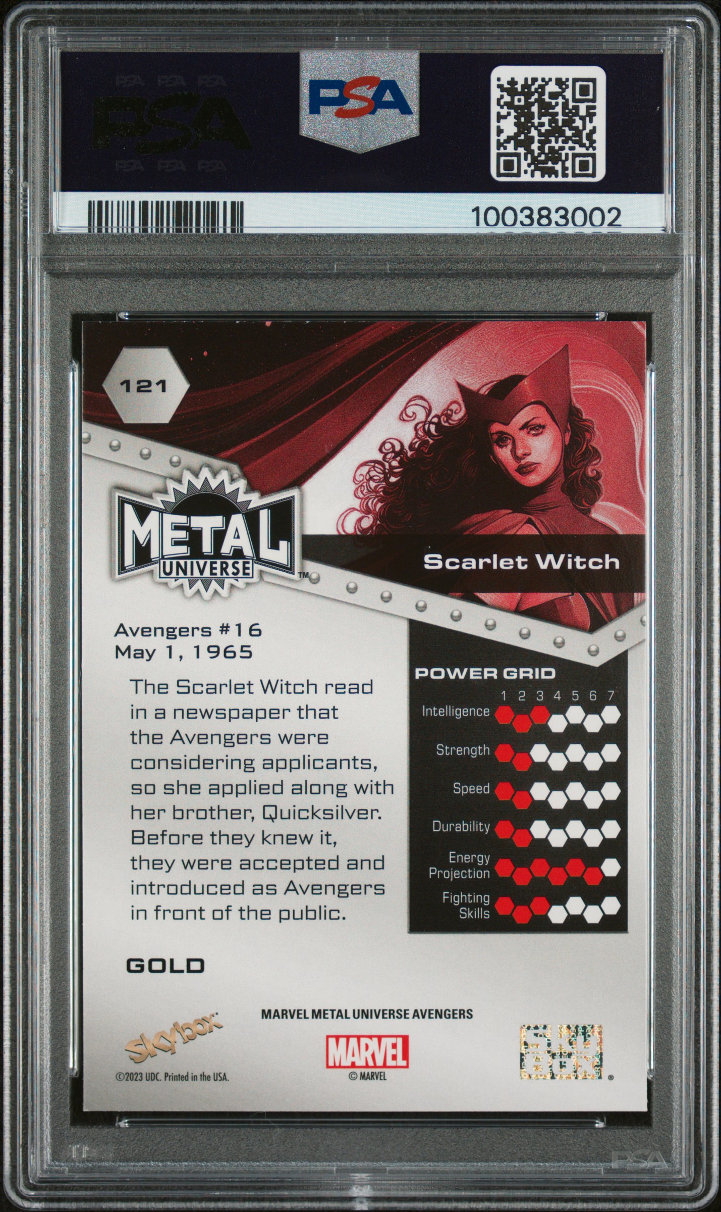 2024 Skybox Metal Universe Avengers Scarlet Witch #121 (Gold Fx) Gem Mt 10 back