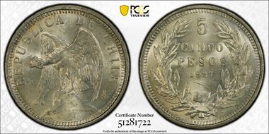 1927-So 5 Peso Wide 5 - 0.9 KM-173.1  Ag MS64