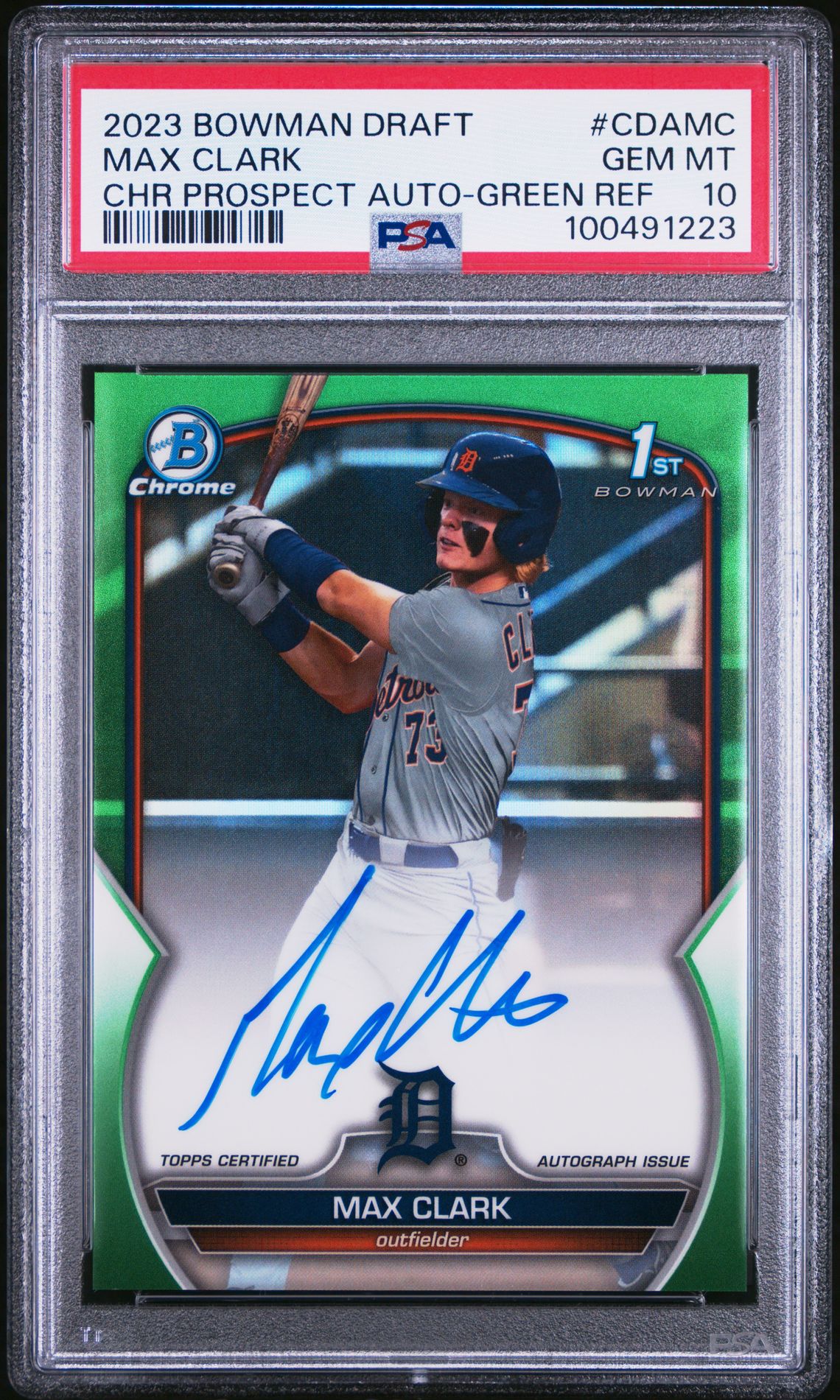 2023 Bowman BOWMAN DRAFT CHROME PROSPECT AUTOGRAPH Green Refractor #CDAMC Max Clark front