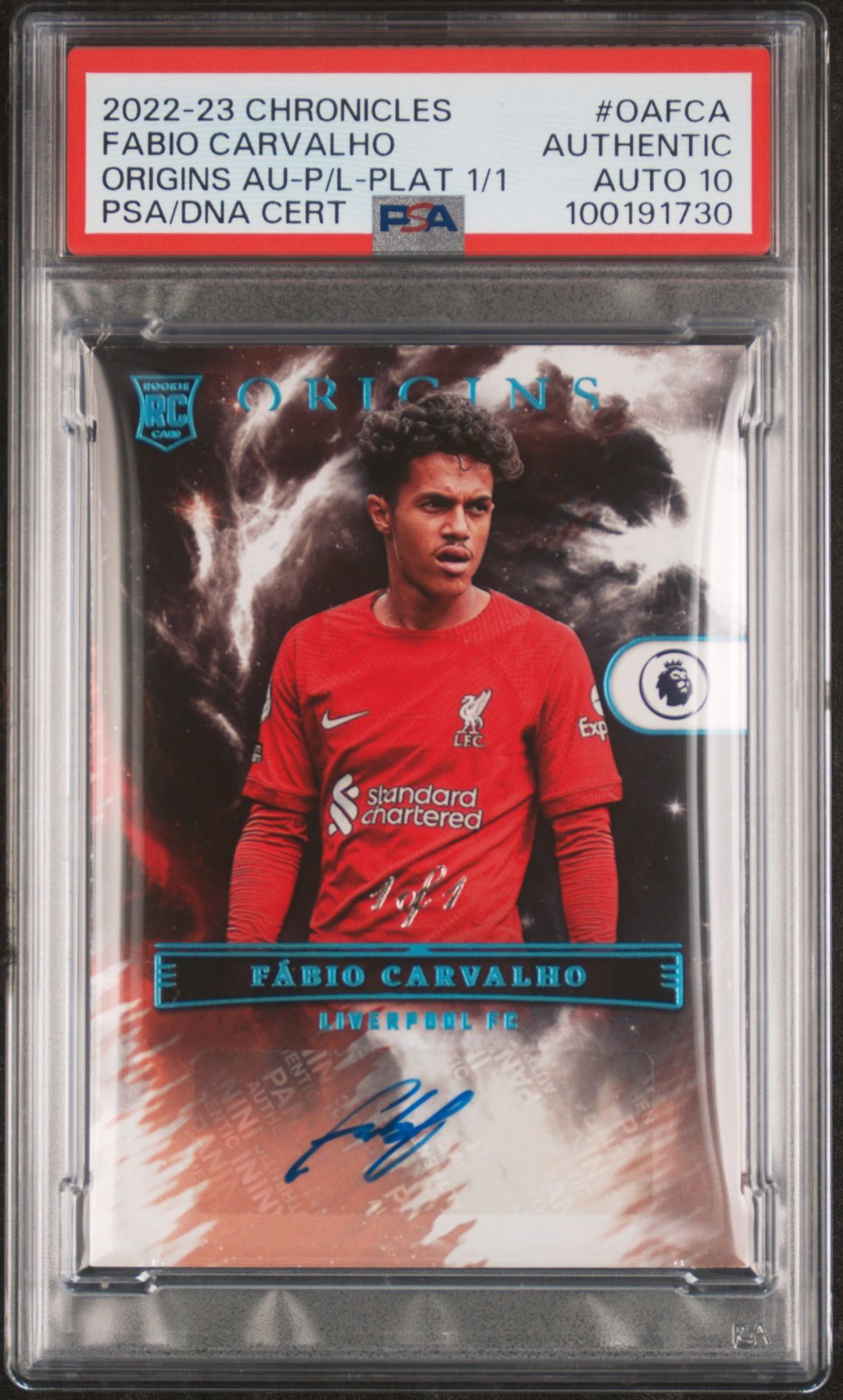 2022-23 Panini PANINI CHRONICLES ORIGINS AUTOGRAPHS P/L-PLAT 1/1 #OAFCA Fabio Carvalho front
