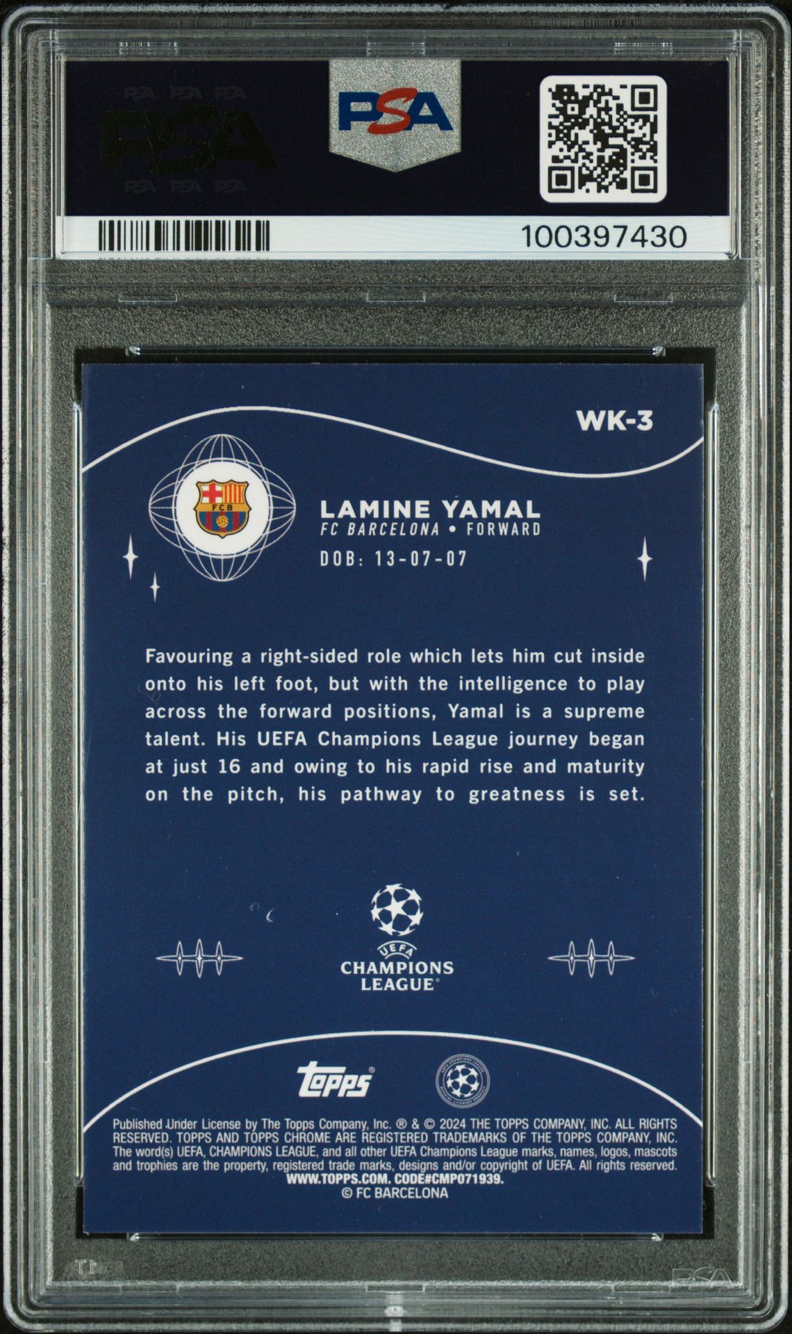 2023-24 Topps Chrome Uefa Club Competitions Wonderkids Lamine Yamal #Wk3 Gem Mt 10 back view - PSA certificate #100397430