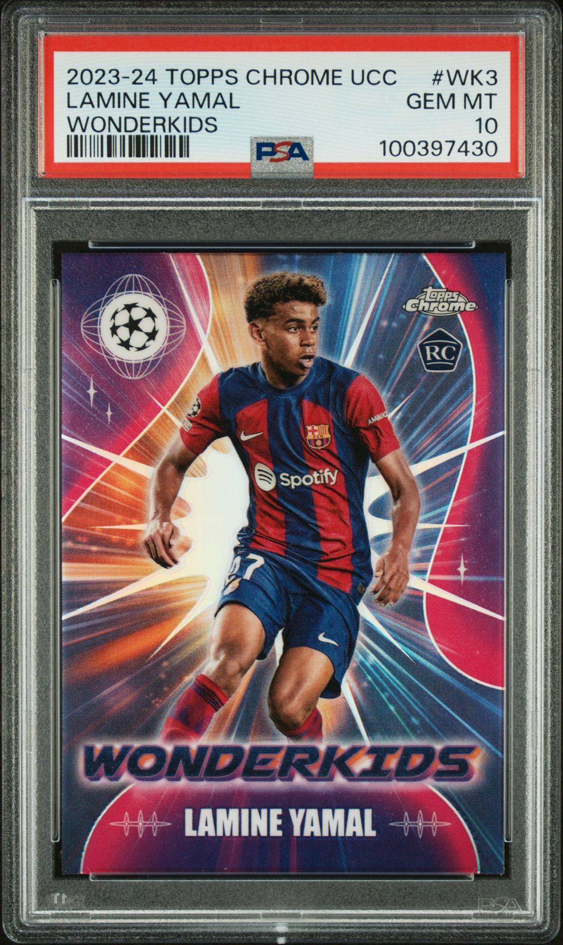 2023-24 Topps Chrome Uefa Club Competitions Wonderkids Lamine Yamal #Wk3 Gem Mt 10 front view - PSA graded GEM MT 10