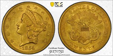 1854 $20 Small Date N1