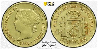1865 4 Peso KM-144 Au AU55