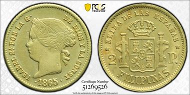 1865 2 Peso KM-143 Au MS61