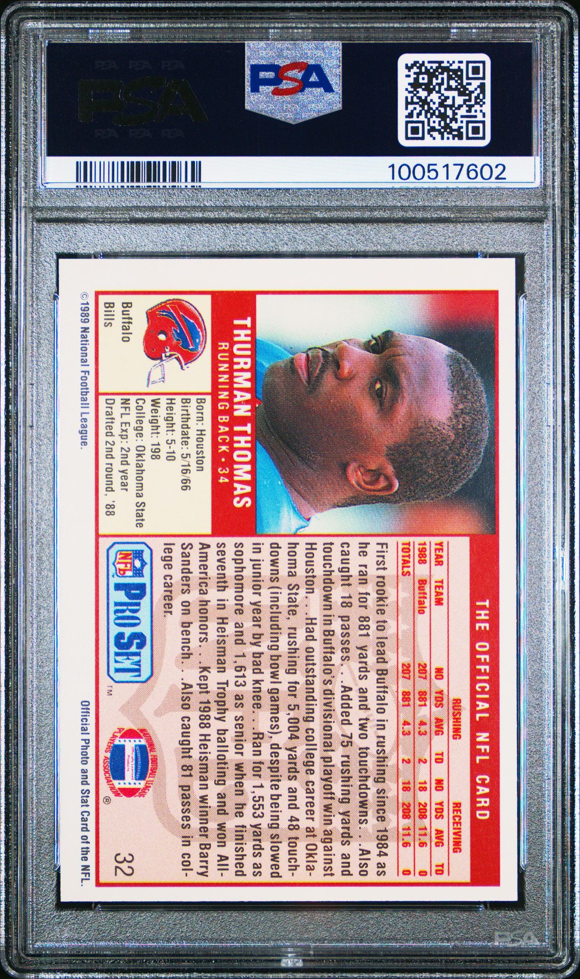 1989 Pro Set Thurman Thomas #32 Mint 9 back