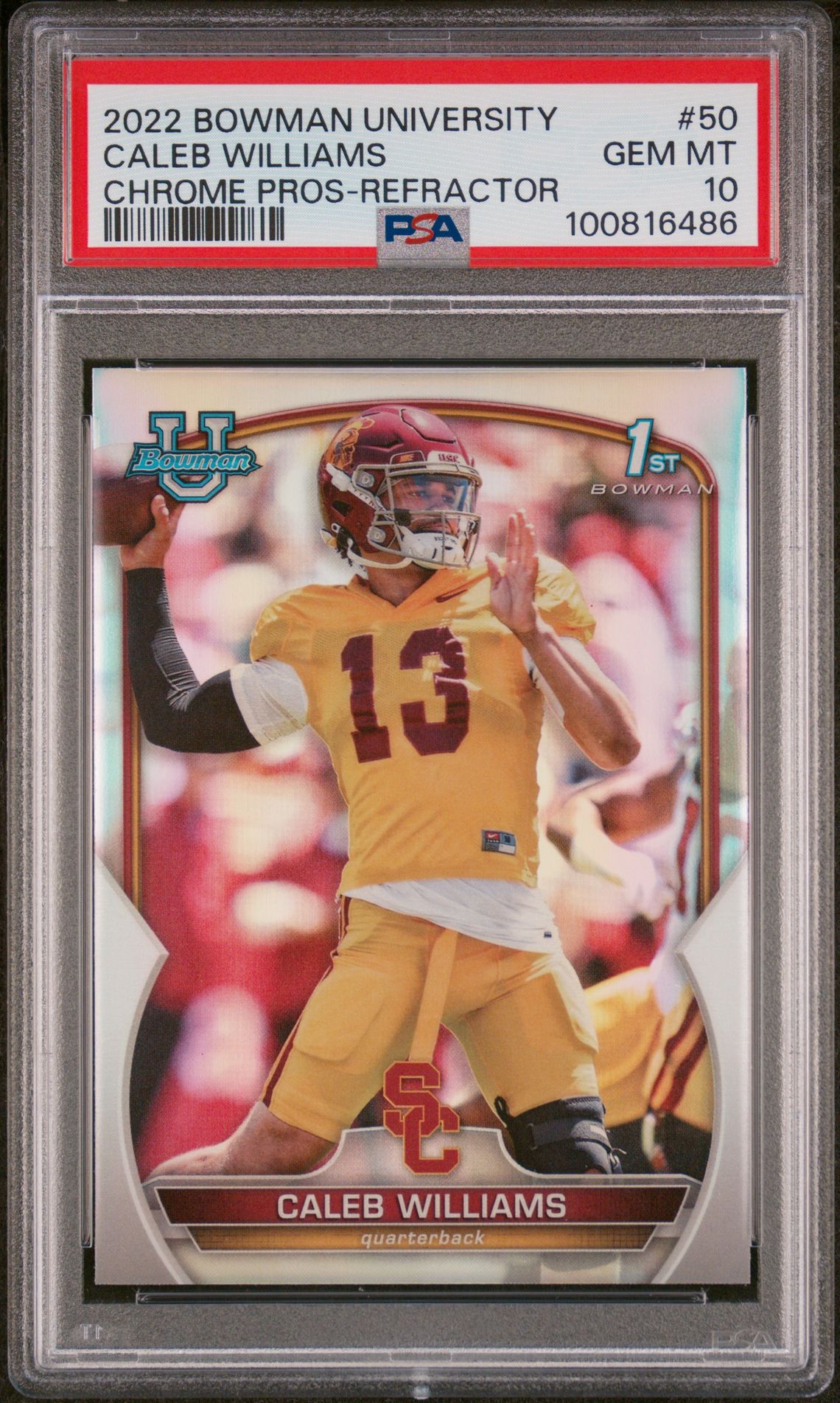 2022 Bowman BOWMAN UNIVERSITY CHROME PROSPECTS REFRACTOR #50 Caleb Williams front