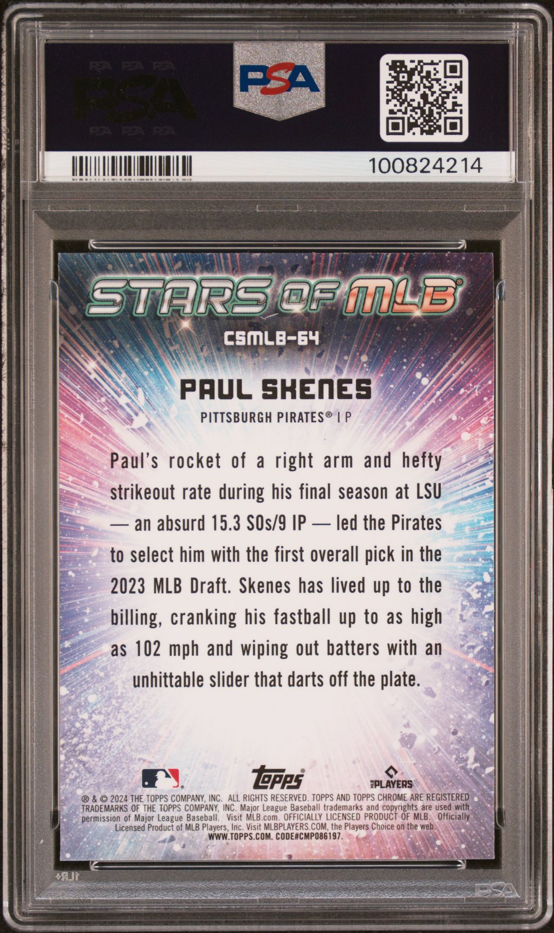 2024 Topps Stars Of Mlb Chrome Paul Skenes #Csmlb64 (Update) Gem Mt 10 back