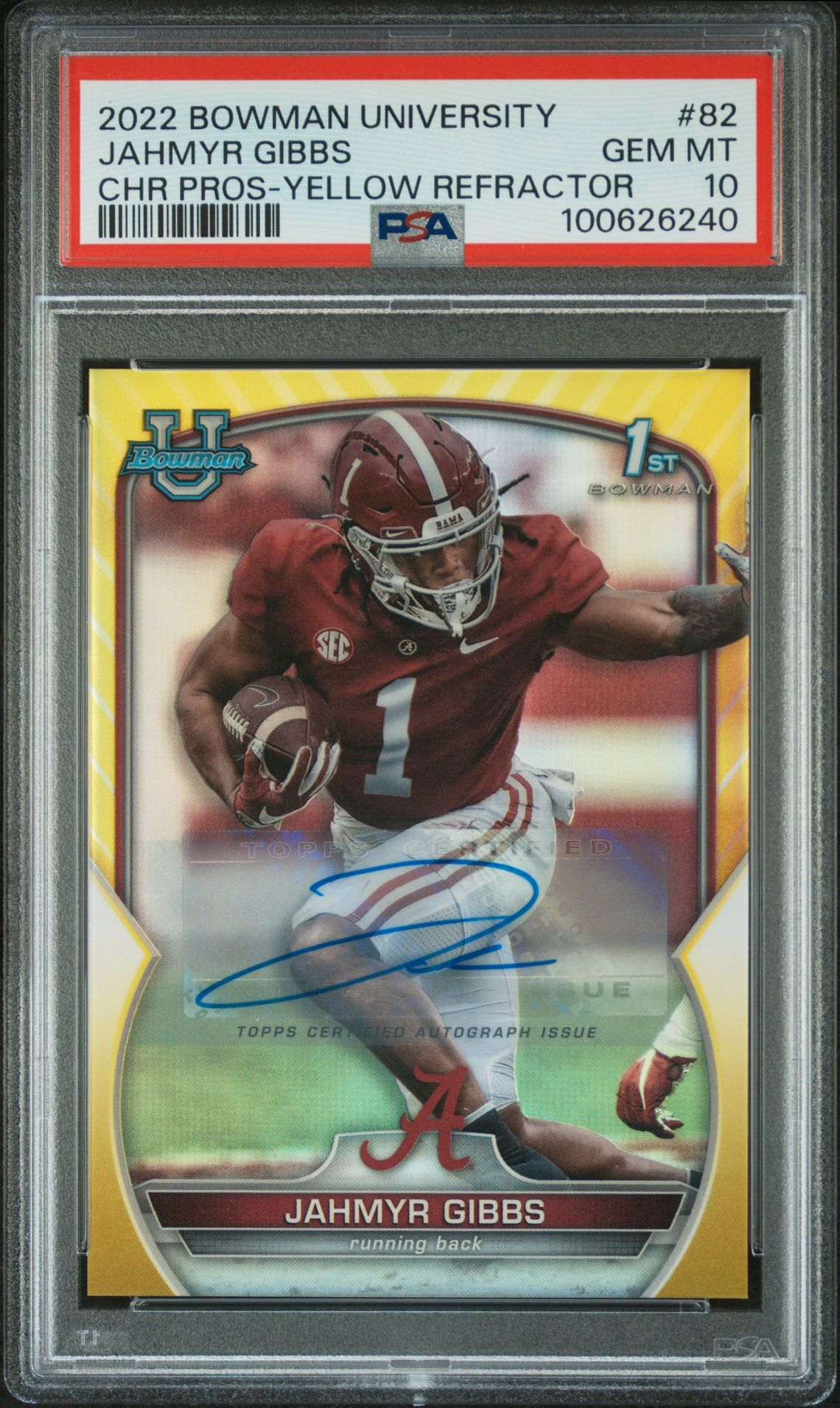 2022 Bowman BOWMAN UNIVERSITY CHROME PROSPECTS CHR PROS-YELLOW REFRACTOR #82 Jahmyr Gibbs front