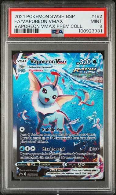2021 POKEMON SWSH BLACK STAR PROMO #182 FA/VAPOREON VMAX VAPOREON VMAX PREM.COLL. (PSA 9) (PSA 9) – 100923931