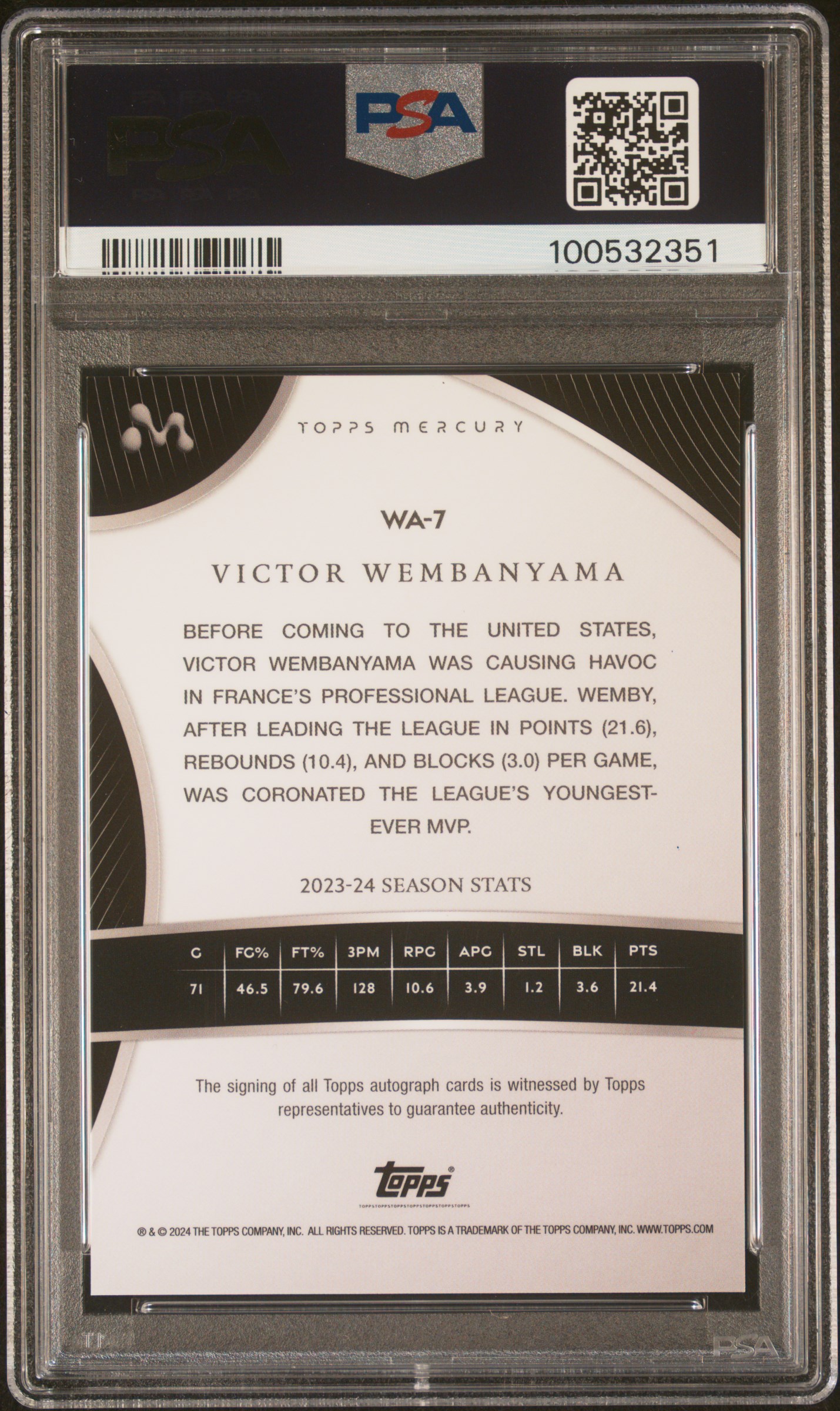 2023 Topps Mercury: Victor Wembanyama Autographs Victor Wembanyama #Wa7 (Autograph-Refractor) Gem Mt 10 back