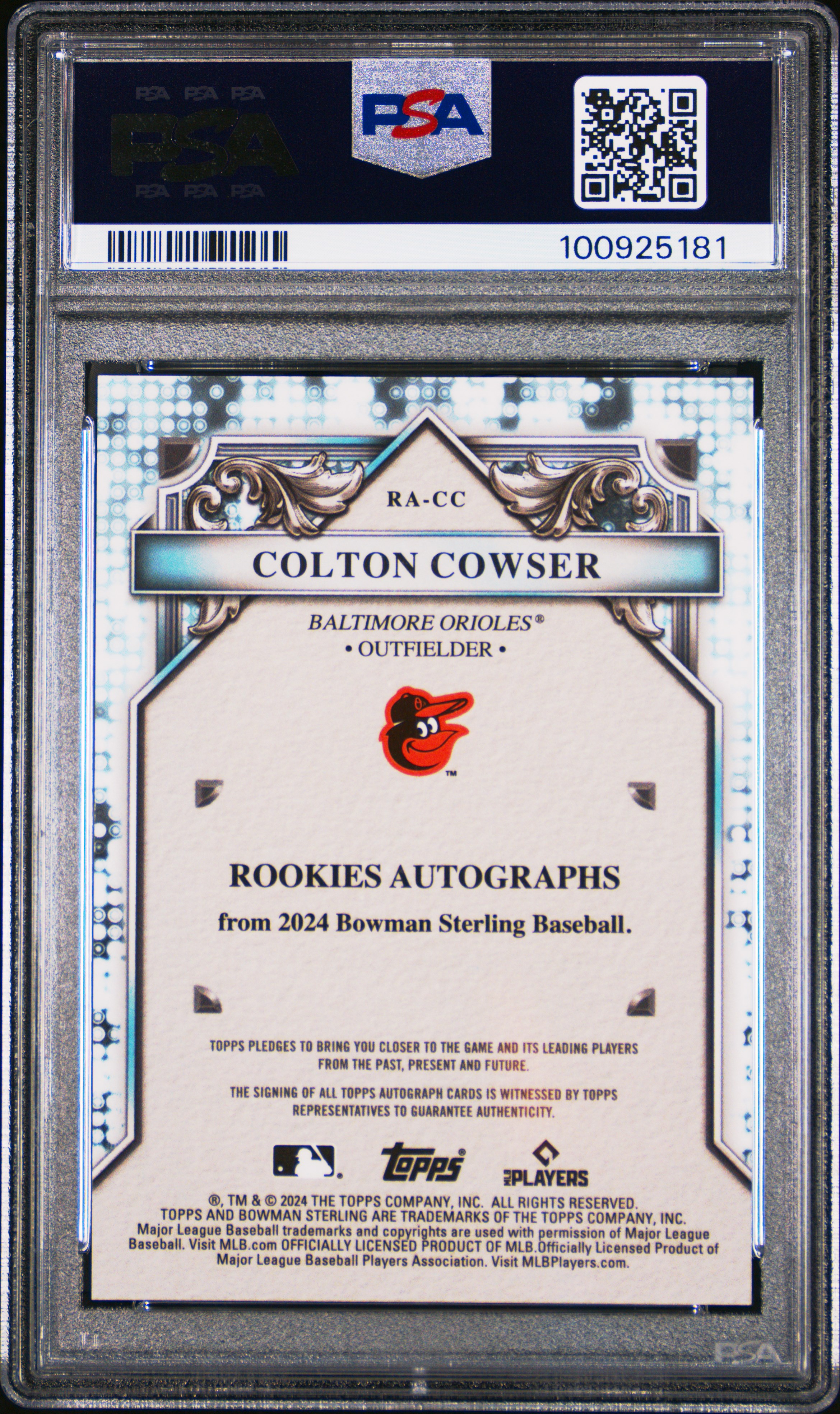 2024 Bowman Sterling Rookies Autographs Colton Cowser #Racc (Rookies Auto-Orange Ref) Gem Mt 10 back