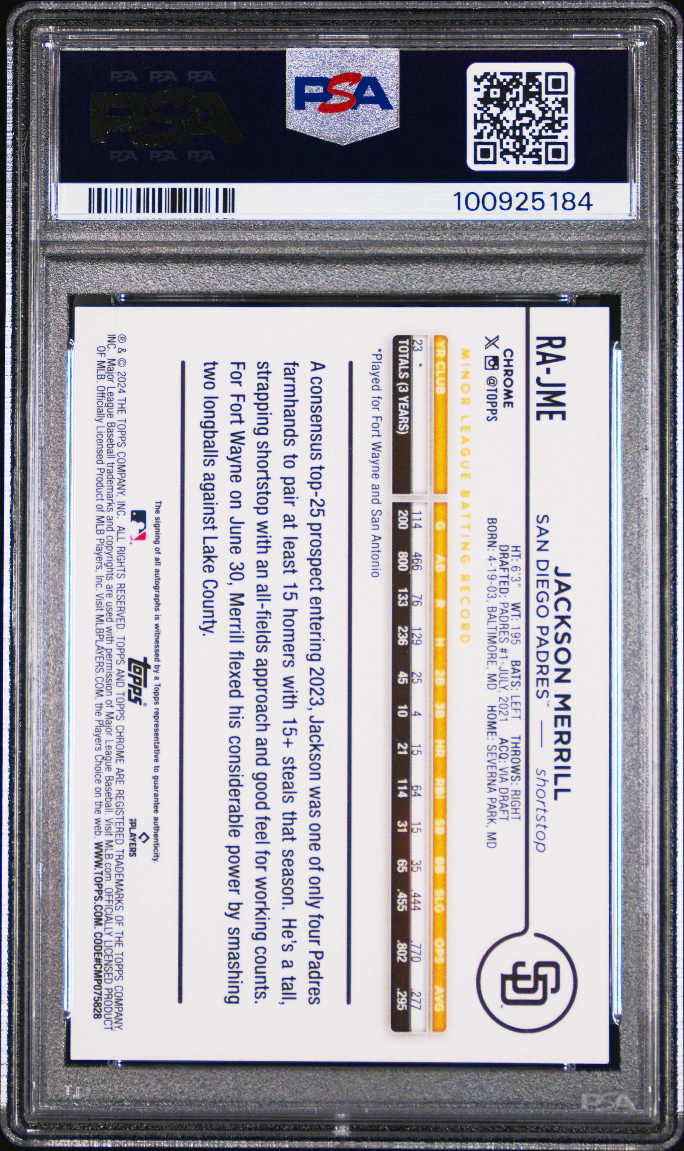 2024 Topps Chrome Rookie Autographs Jackson Merrill #Rajme Mint 9 back