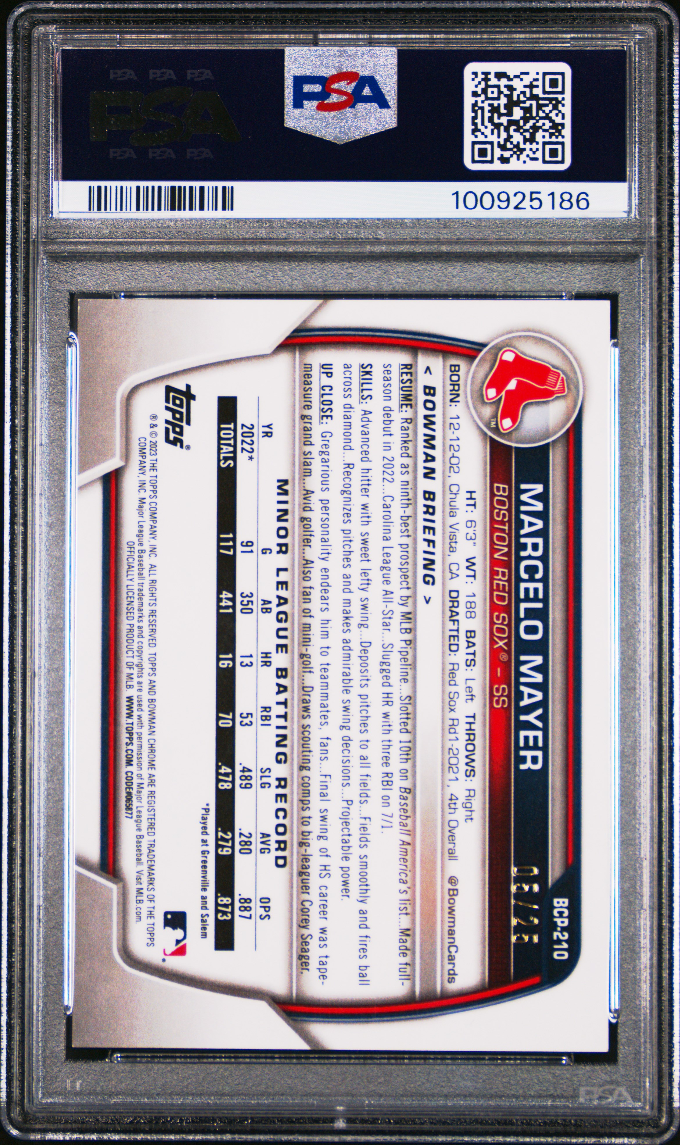 2023 Bowman Chrome Prospects Marcelo Mayer #Bcp210 (Prospects-Orange Shimmer) Mint 9 back