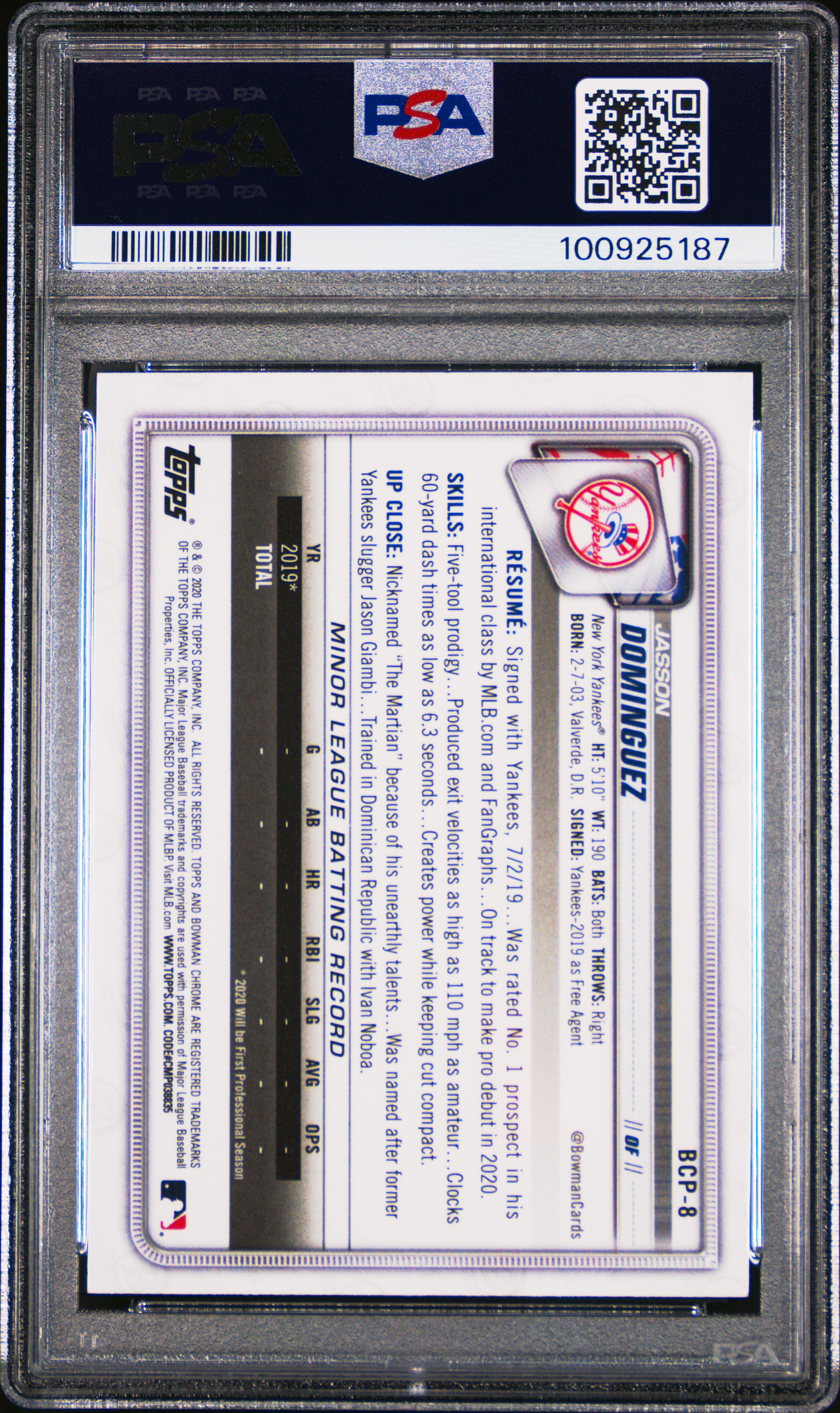 2020 Bowman Chrome Mega Box Jasson Dominguez #Bcp8 (Mega Box) Gem Mt 10 back